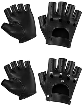 HolooVeranillo 2 Pairs Black Leather Fingerless Punk Gloves for Men | 2 pairs black leather fingerless punk gloves with studded style, ideal for riding, cosplay, costumes, parties and outdoor wea