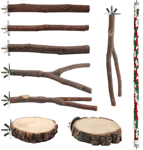 BILLIOTEAM 9PCS Apple Wood Bird Perches, Natural Parrot Stand & Chewing Toy with Multi-Branch, Straight Perch Stand, Platform & Climbing Rope, Cage Accessories for Parakeets, Cockatiels, Budgies
