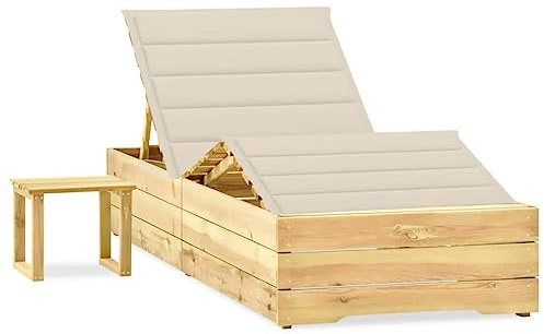 Fisinber Lettino da giardino in legno di pino con cuscino bianco crema e tavolo, sdraio da giardino regolabile in legno con poggiapiedi, per terrazza ed esterni, 198 x 90 x 30-75 cm