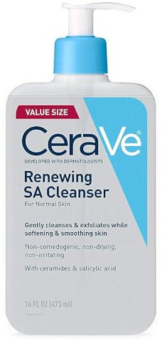 CeraVe Limpiador con ácido salicílico | 16 onzas | Jabón facial exfoliante renovador con vitamina D para pieles normales | Sin perfume