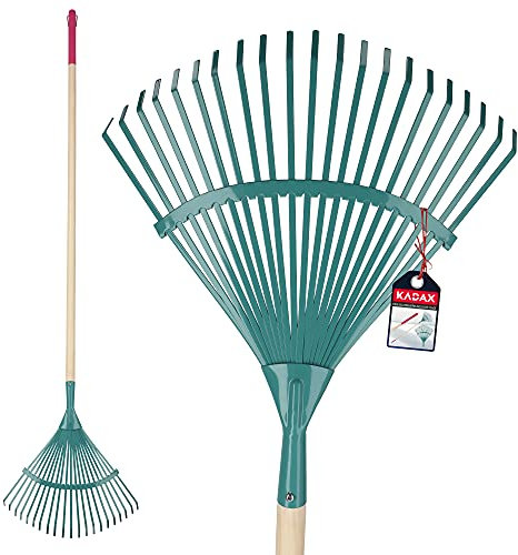 KADAX Râteau à Feuilles de Jardin, Balai à Gazon avec Manche Long en Bois et Dents en Acier Tranchantes pour Un Ramassage Efficace et Confortable (Vert)