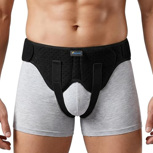 Tenbon Hernia Belt for Men and Women Flexible Adjustable Inguinal Groin Hernia Belt Support Truss Pain Relief Recovery Strap with 2 Removable Compression Pads Comfortable Material (L, Black)