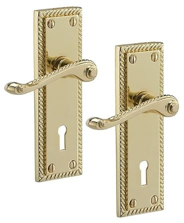 Golden Grace Georgian Polished Brass Finish Lever Lock Handle 150mm x 48mm Back Plate Size Key Lock Handle