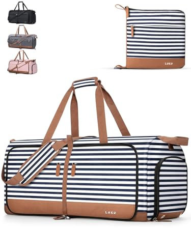 Lekesky Reisetasche Damen 100L Faltbare Reisetasche Weekender Sporttasche mit Schuhfach, wasserdichte Handgepäck Tasche/Sporttasche/Krankenhaustasche (Blau Gestreift)
