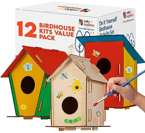 12 DIY Bird House Kits For Children to Build - Wood Birdhouse for Kids to Paint - Unfinished Bird Houses - Spring Crafts Kits - Wooden Arts & Craft for Girls & Boys - Classroom & Spring Activity