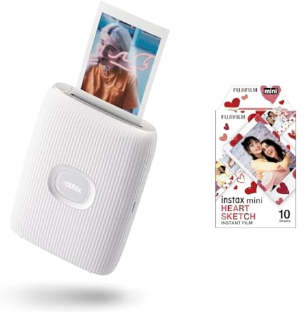 instax mini LINK2 Clay White smartphone printer, Compact & instax mini instant film 10 shot pack, HEARTS SKETCH border