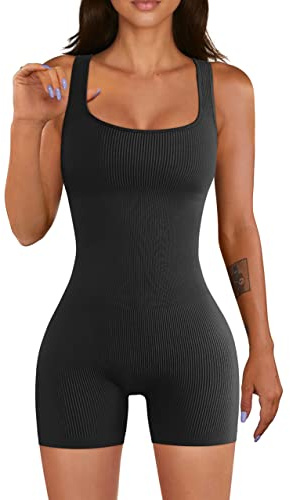 YIOIOIO Women Yoga Romper Workout Ribbed Square Neck One Piece Seamless Tank Top Jumpsuit
