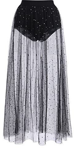 Odizli Women's Sexy 2 in 1 Sheer Mesh Shorts High Waist Glitter Sequins Star Skirt