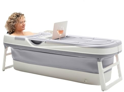 HelloBath® Hopfällbart Badkar XXL 157x60x48 cm för Vuxna | Portabelt Badkar med Badkudde, Förvaringsväska, LED-lampa & Massagevalsar | Mobilt för Dusch & Utomhusbruk | Ljusgrå