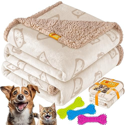 Lovpet® wasserdichte Hundedecke, Fleece Haustier Decke Katzendecke + 3X Kauknochen, für Minihunde, Katzen, 73 x 63 cm, S, Handwäsche, beidseitiger Sofabezug-Schutz Beige