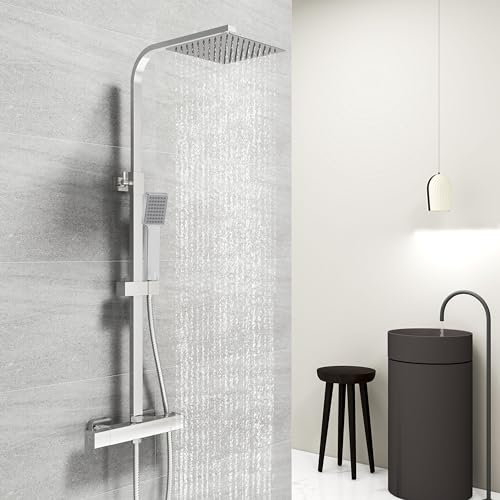 Acezanble - Columna de ducha termostática, 38 °C, de acero inoxidable, con válvula mezcladora, 20 x 20 cm, con cabezal fijo y ducha de mano de chorro único, cuadrados, acabado cromado