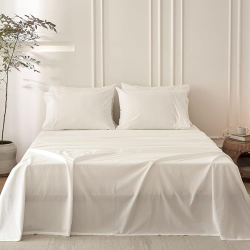 BDEAR 6PS Off White Queen Size Bedding Sets Linen Like Cotton Bed Set Oeko-TEX Standard 100% Washed Cotton Deep Pocket Queen Size Fitted Sheet Plus Cozy Flat Sheet and 4 Pillowcases