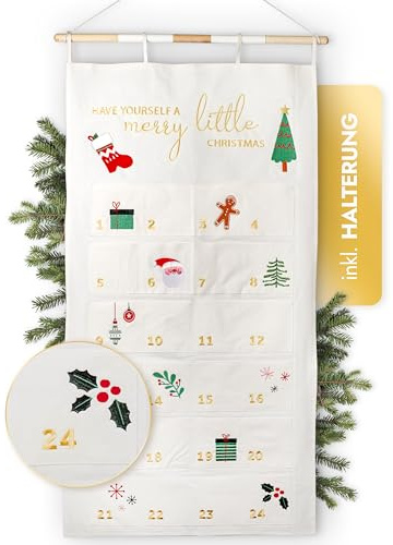 AMARI Calendrier de l'Avent à remplir – Calendrier mural XXL (70 x 130 cm) avec 24 compartiments pour bricolage de Noël – Calendrier de l'Avent à suspendre en tissu – Calendrier de Noël (blanc – doré