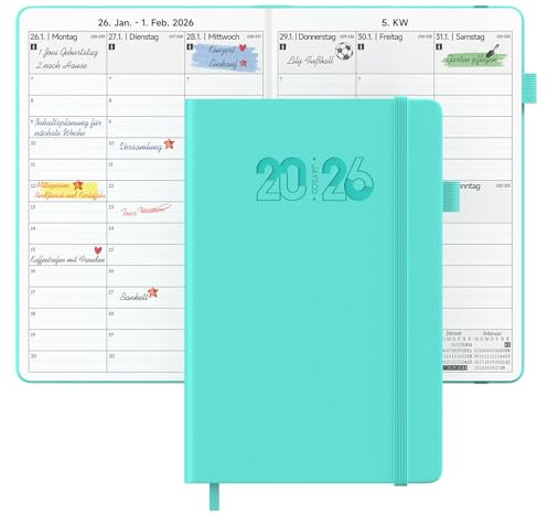 JAYSOO® Kalender 2026 Wochenplaner 21x14.5cm Tageplan und Stundenplan, 12 Monate Terminplaner Hardcover (Jan.-Dez.2026) für Arbeit, Lernen und Familienplan - Blaugrün