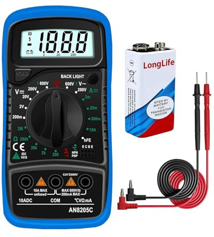 Blue Digital Multimeter Voltmeter 12V 24V Battery Tester for Car Van AC DC Voltage Ohm Current Meter Circuit Continuity Resistance Diode Ammeter LCD Backlight Display for Automotive Electrical Testing