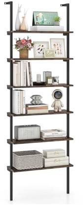 RELAX4LIFE Libreria a Parete a 6 Ripiani, Scaffale a Scala Industriale con Telaio in Metallo e Dispositivi Antiribaltamento, Mensola Espositiva Moderna per Soggiorno, Camera da Letto, Cucina (MARRONE)