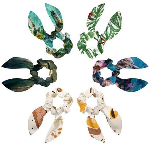 6 Pcs Hair Scarf Scrunchie, Bow Scrunchies for Hair, Hair Scrunchies with Bow, Cute Ladybug Palm Leaves Pattern Scrunchie Hair Scarf Ponytail Holder for Women
