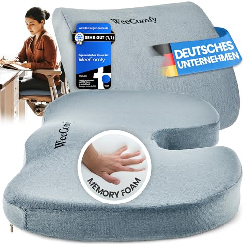 WeeComfy® Sitzkissen + Rückenkissen - Orthopädisches Kissen Set - fördert die Grade Haltung und Durchblutung bei längerem sitzen - bis 100kg (Grau)