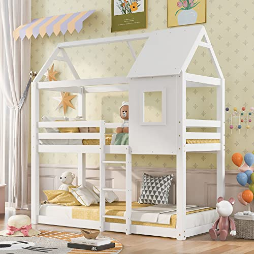 Merax Wooden Bunk Beds for Kids, 3FT Loft Bed with Ladder and Guard Rail, Single Bed with Slatted Frame, Space-Saving Kids Bed Treehouse Canopy Design, White, 90x190 cm (No Mattress)