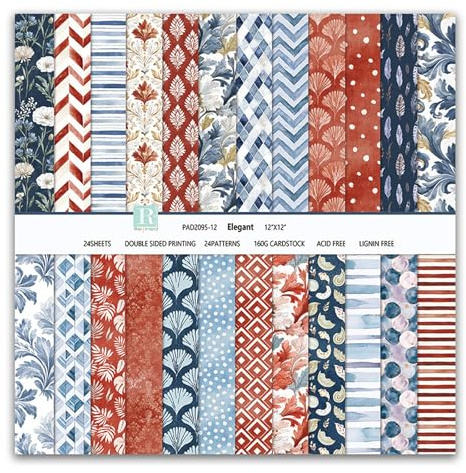 Scrapbook Papier Blumen Muster Scrapbook Bastelpapier, 24 Blat Doppelseitiges Boho Dekorpapier, MerwDeeyt Buntes Motivpapier für Journal Scrapbooking Fotoalbum Dekoration (Blau, 30,5x30,5 cm)