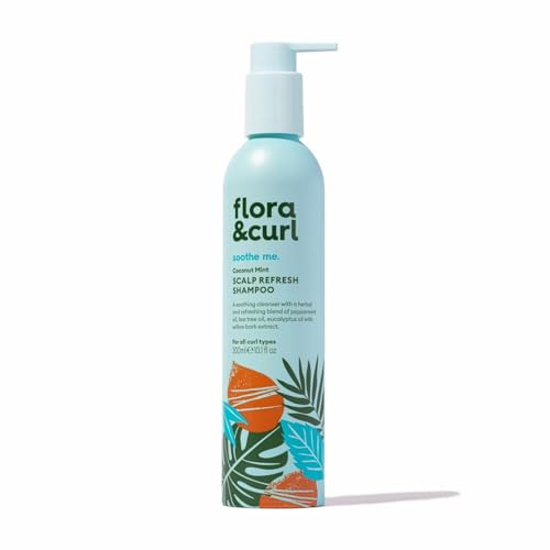 Flora & Curl Coconut Mint Scalp Refresh Shampoo | Soothing Clarifying Hair Wash with Lavender Water, Willow Bark Extract, Jojoba, Aloe Vera & Peppermint Oil | For Curly, Coily & Wavy Hair