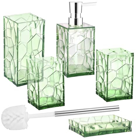 Juego de Accesorios de baño, diseño acrílico Transparente, 5 Piezas, Incluye dispensador de jabón, Soporte para de Dientes, Vaso, jabonera y de Inodoro (Transparente) (Verde)