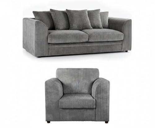 Grey 3 Seaters Sofa - Jumbo Cord Settee - Comfy Scatter Back Sofas - Elegant Three Seater & Arm Chair - Corner Small Settees for Indoors (3+1 Seater)