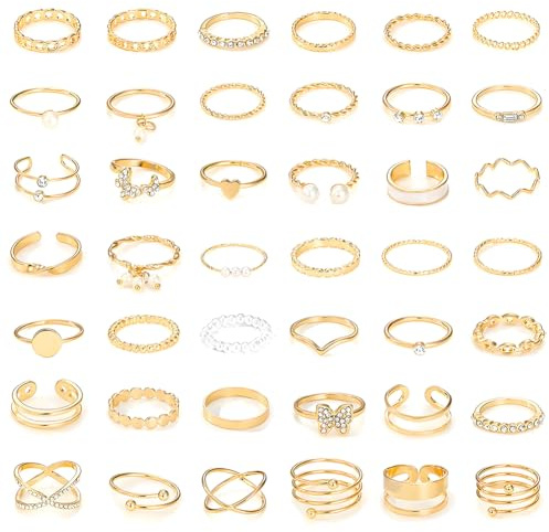 Juego de Anillos Oro Mujer, 42 Piezas Apilables Vintage de Aleación, Abiertos Ajustables Boho con Perlas, Corazones, Flores, Hojas y Strass, Falange Joyas Boho para Mujeres Niñas y Adolescentes
