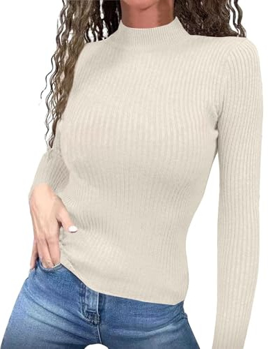 Generisch Jersey de punto fino para mujer, cuello redondo, jersey de punto para mujer, corte ajustado, jersey de punto de manga larga, monocolor, jersey de invierno, suéter de punto cálido, para otoño