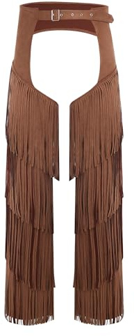 Kvysinly Mens Faux Suede Cowboy Chaps Adjustable Waist Hollow Out Fringed Pants for Theme Party Dark Brown M