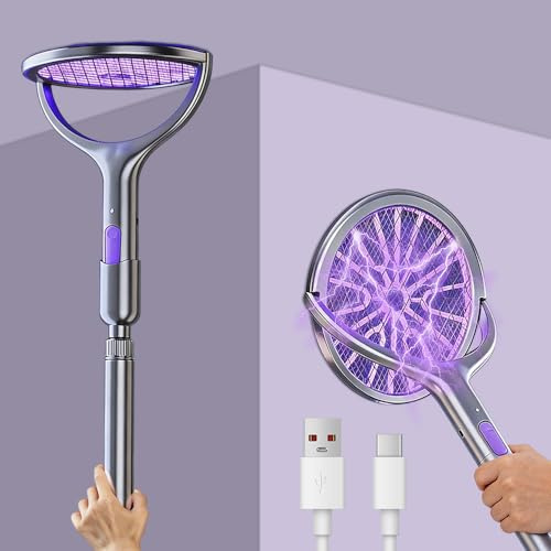 Racchetta Zanzare Elettrica, 3500V Scacciamosche con Testa Rotante e Estensione Telescopica, Antizanzare Lampada Ricaricabile da 1200 mAh con Base per Interni ed Esterni