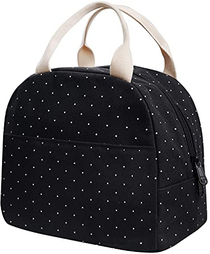 EurCross Upgraded Compact Black Lunch Bag for Girls Women,Canvas Reusable Insulated Polka Dot Lunch Tote Box Bag for Work School
