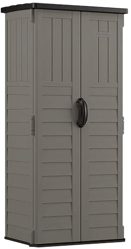 Suncast 22 Cubic Ft. Vertical Resin Outdoor Storage Shed with Lockable Double Doors, Weather-Resistant Multi-Wall Panels, Stoney