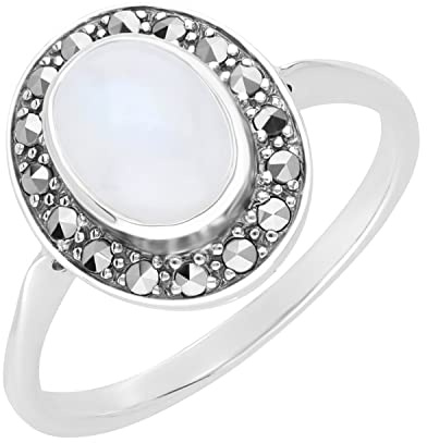 Esse Marcasite Anillo solitario de plata de ley con piedra lunar ovalada y marcasita (N), Plata de ley, Piedra lunar