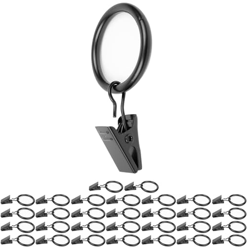 Gardinklämmor med Ringar, 30 stycken, i Svart, Ø 32 mm utvändigt, Ø 25 mm invändigt, gardinringar klämkrokar, gardinklämmor dragringar, multifunktionell krokklämma, hållare för duschdraperi