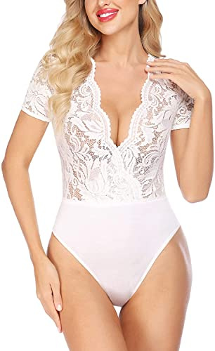 Avidlove Dam spets body sexig kortärmad bodysuit blus v-ringad nättoppar eleganta toppar med snap crotch, Vit, XXL