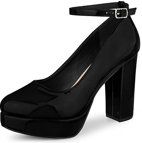 Allegra K Women's Platform Ankle Strap Chunky Heel Mary Janes Pumps Black