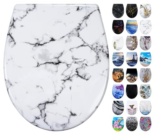 Fanmitrk Duroplast Soft Close Toilet Seat-White Marble Style Toilet Seat,Quick Release Toilet Lid with Top Fixing,Easy to fir (UF819-03)