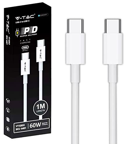 V-TAC Cable USB-C a USB-C de 1 Metro para Smartphone, Iphone 15 PRO, Computadora, Tableta - PD 60W - Cable Tipo-C para Carga rápida y transmisión de Datos - Compatible Iphone y Samsung