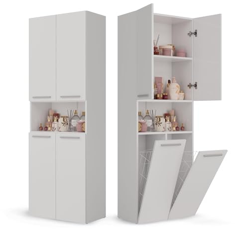 CDF Mobile da Bagno con Armadietti e Ante Bianco Colonna Bagno Salvaspazio 2 Cesti per la Biancheria Mobile Alto a Colonna Cesto Portabiancheria Armadio Bagno 174 x 60 x 30