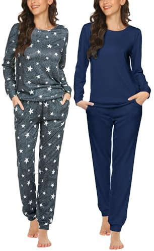 Ekouaer 2 Pack Women's Pajama Set Long Sleeve Top with Jogger Pants Lounge Sets Sleepwear Loungewear with Pockets Navy&Grey Star X-Large