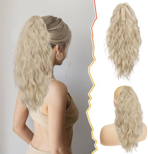 BARSDAR Artiglio Clip Extension Coda Cavallo, 45CM Lungo Riccio Ondulati Biondo Coda di Cavallo Coda Capelli Extension Sintetica Clip Coda di cavallo Posticci per Donne Ragazze(Cenere Bionda Misto)
