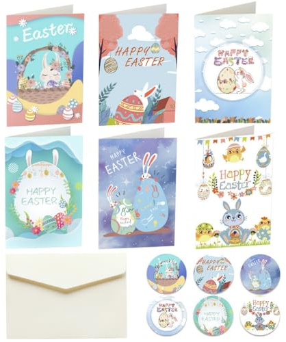 Geluode Biglietti di auguri di Pasqua, confezione multipla da 12 pezzi, con uova di coniglio, biglietti vuoti con buste e adesivi, per primavera, vacanze, compleanno, classe, congratulazioni, scambio