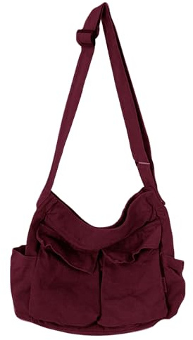 Canvas Messenger Bag Large Hobo Crossbody Bag with Multiple Pockets Casual Shoulder Tote Bag for Women and Men, D Red, L