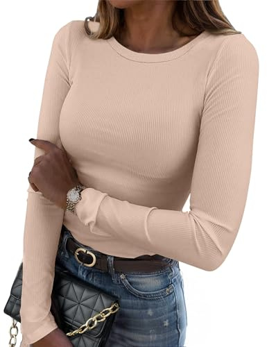 Zeagoo T-Shirt à Manches Longues Femme Élégant Col Rond Tee Shirt Tricot Côtelé Haut Ajusté Chic Pull Décontracté Basic Tops Couleur Unie Shirts Hiver Automne Marron Clair M