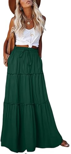 EARKOHA Womens Casual High Waist Tie Paisley Print Long Maxi Skirt with Pockets, Solid-dark Green, M