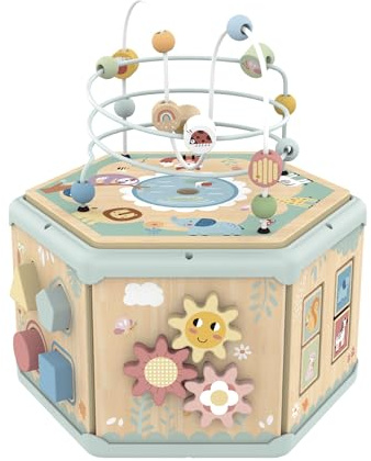 Tooky Toy Cubo attività Bambini 7 in 1 in Legno FSC con Labirinto di Perline e Abaco, Gioco Montessori Educativo, Stimola Motricità Fine e Sviluppo Cognitivo e Sensoriale, da 2 Anni