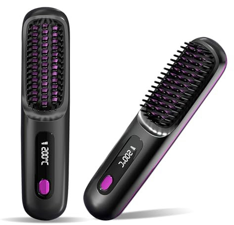 Cordless Hair Straightener Brush, Portable Negative Ion Hair Straightener Hot Comb, LCD Display Anti-Scald Hot Straightening Brush with 3 Heating Settings, USB Charging, Easy to Carry for Traveling