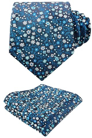 Alizeal Mens 3.15inches Exquisite Floral Tie with Small Flower Printed Pocket Square, Navy+Teal+Gray