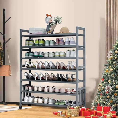 Scarpiera 7 Livelli Scaffale Porta Scarpe in Bambù Scaffale Portascarpe Organizzatore con 4 Ruote, per Scarpe Regolabile, per Corridoio, Armadio, Entrata, Camera da Letto(Color:7 Tier,Size:90CM)